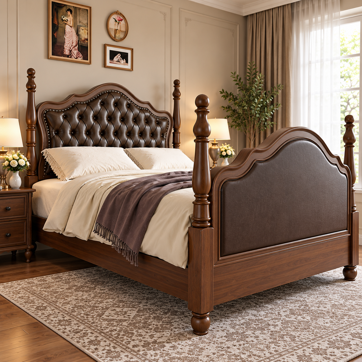Luxury Wooden Bed with Dark Brown Tufted Upholstered Headboard, Classic King Size Bed Frame with Carved Wooden Posts, Elegant Designer Bed for Bedroom