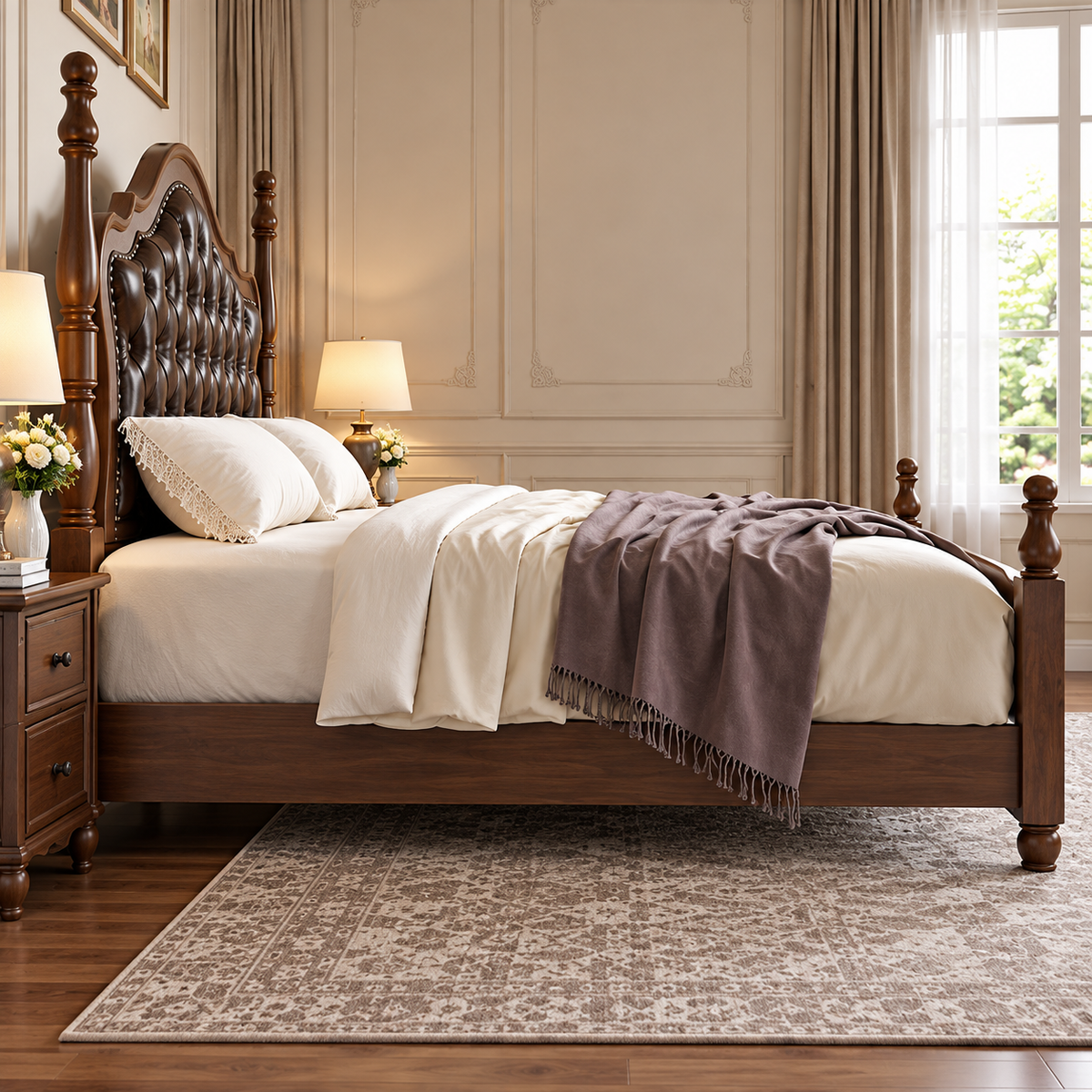 Luxury Wooden Bed with Dark Brown Tufted Upholstered Headboard, Classic King Size Bed Frame with Carved Wooden Posts, Elegant Designer Bed for Bedroom