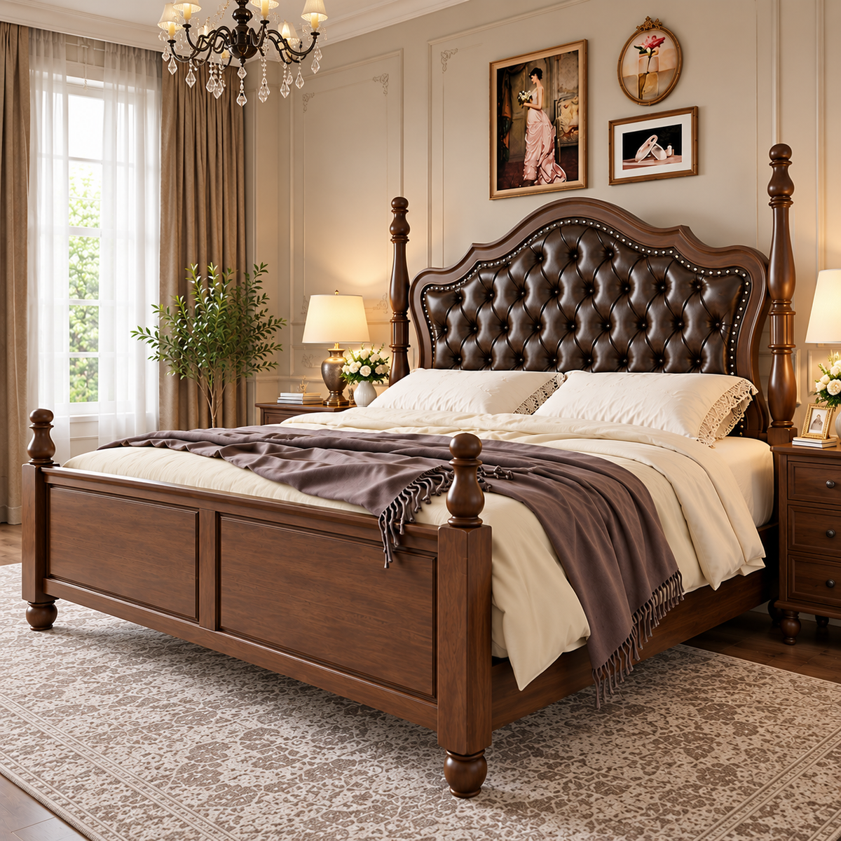 Luxury Wooden Bed with Dark Brown Tufted Upholstered Headboard, Classic King Size Bed Frame with Carved Wooden Posts, Elegant Designer Bed for Bedroom