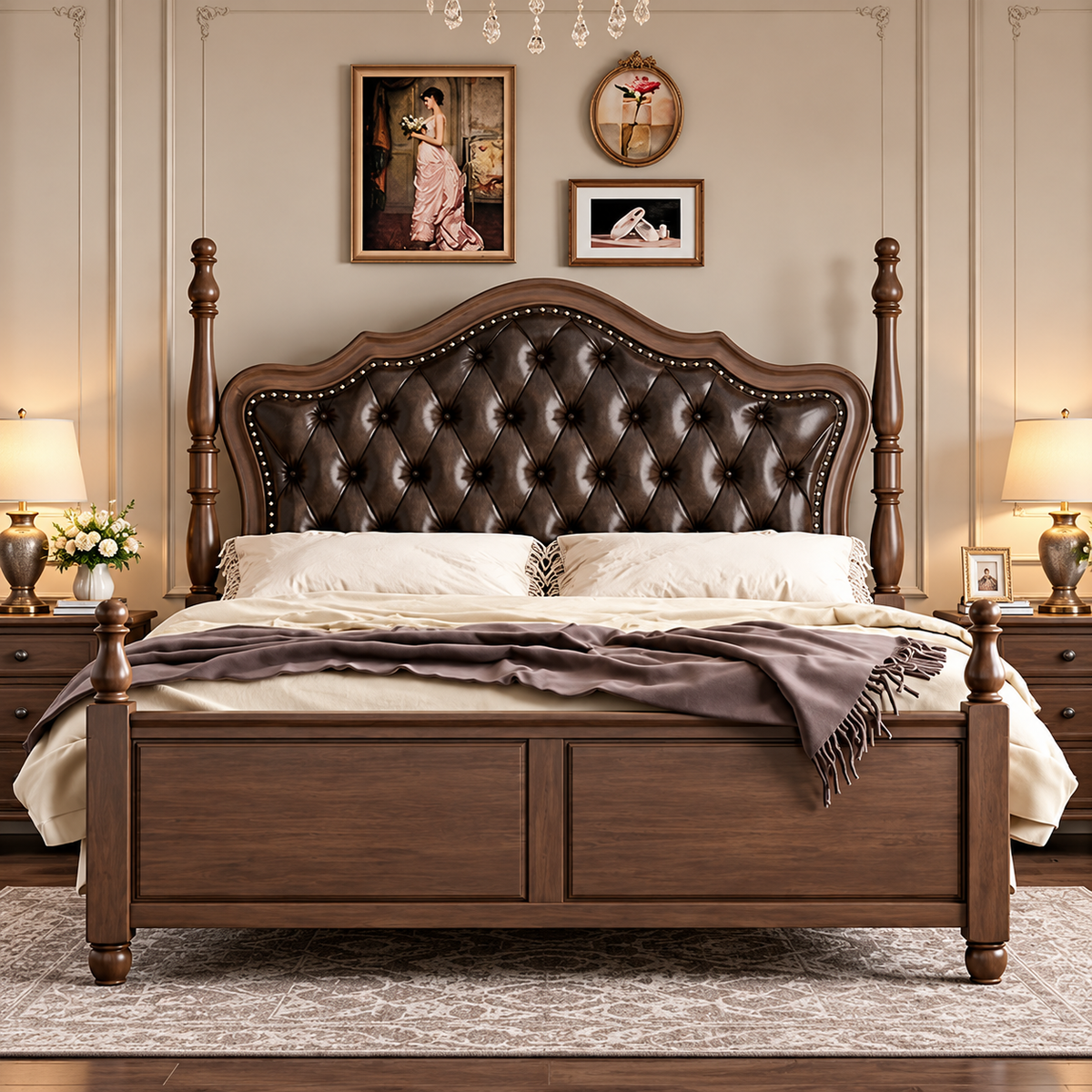 Luxury Wooden Bed with Dark Brown Tufted Upholstered Headboard, Classic King Size Bed Frame with Carved Wooden Posts, Elegant Designer Bed for Bedroom