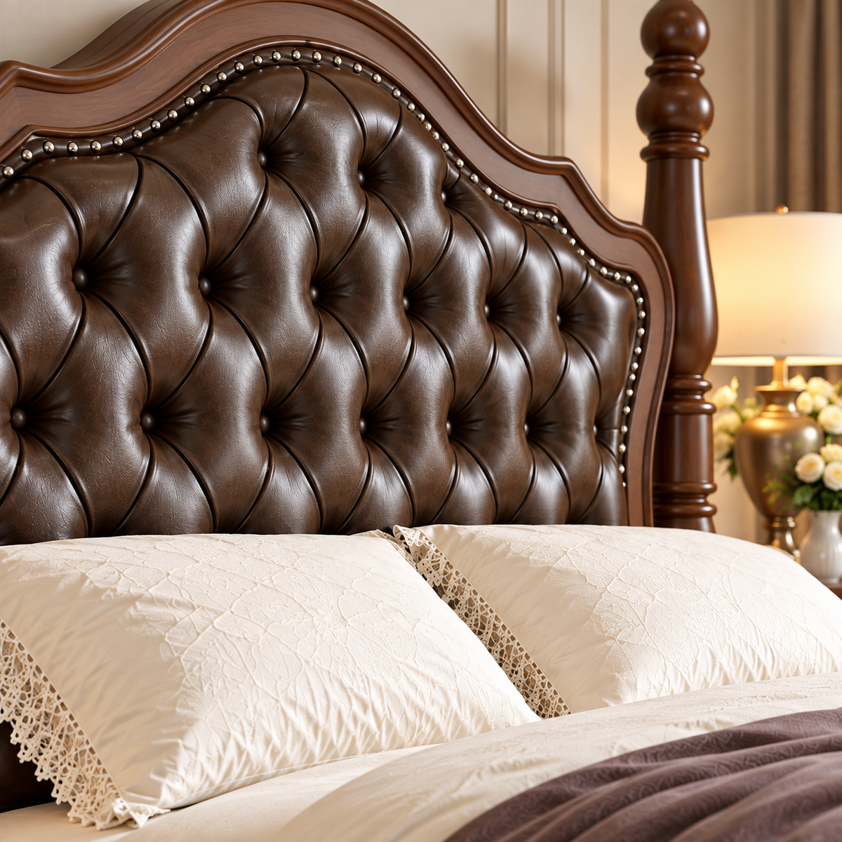 Luxury Wooden Bed with Dark Brown Tufted Upholstered Headboard, Classic King Size Bed Frame with Carved Wooden Posts, Elegant Designer Bed for Bedroom