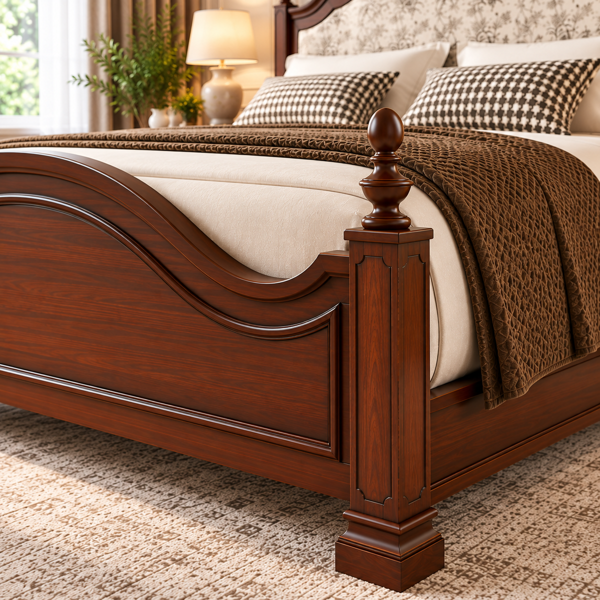 Luxury Wooden Bed with Floral Upholstered Headboard, Dark Brown Solid Wood Frame, Elegant King Size Designer Bed for Bedroom