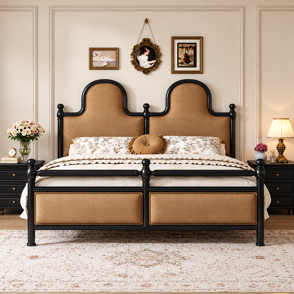 Luxury Wooden Bed with Tan Upholstered Headboard, Black Wooden Frame, Classic Designer King Size Bed with Decorative Posts for Bedroom