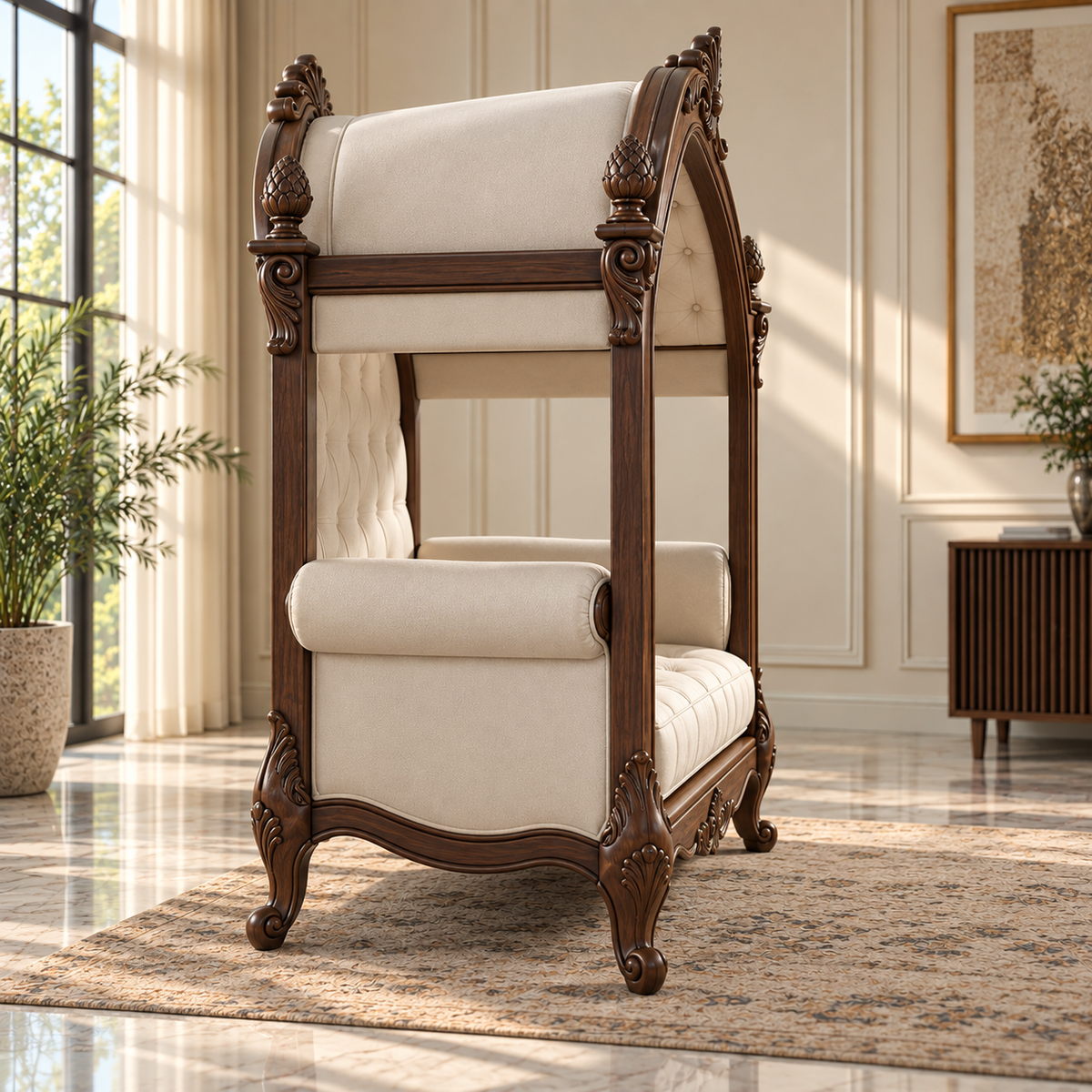 Luxury Wooden Canopy Swing Chair with Cream Upholstery