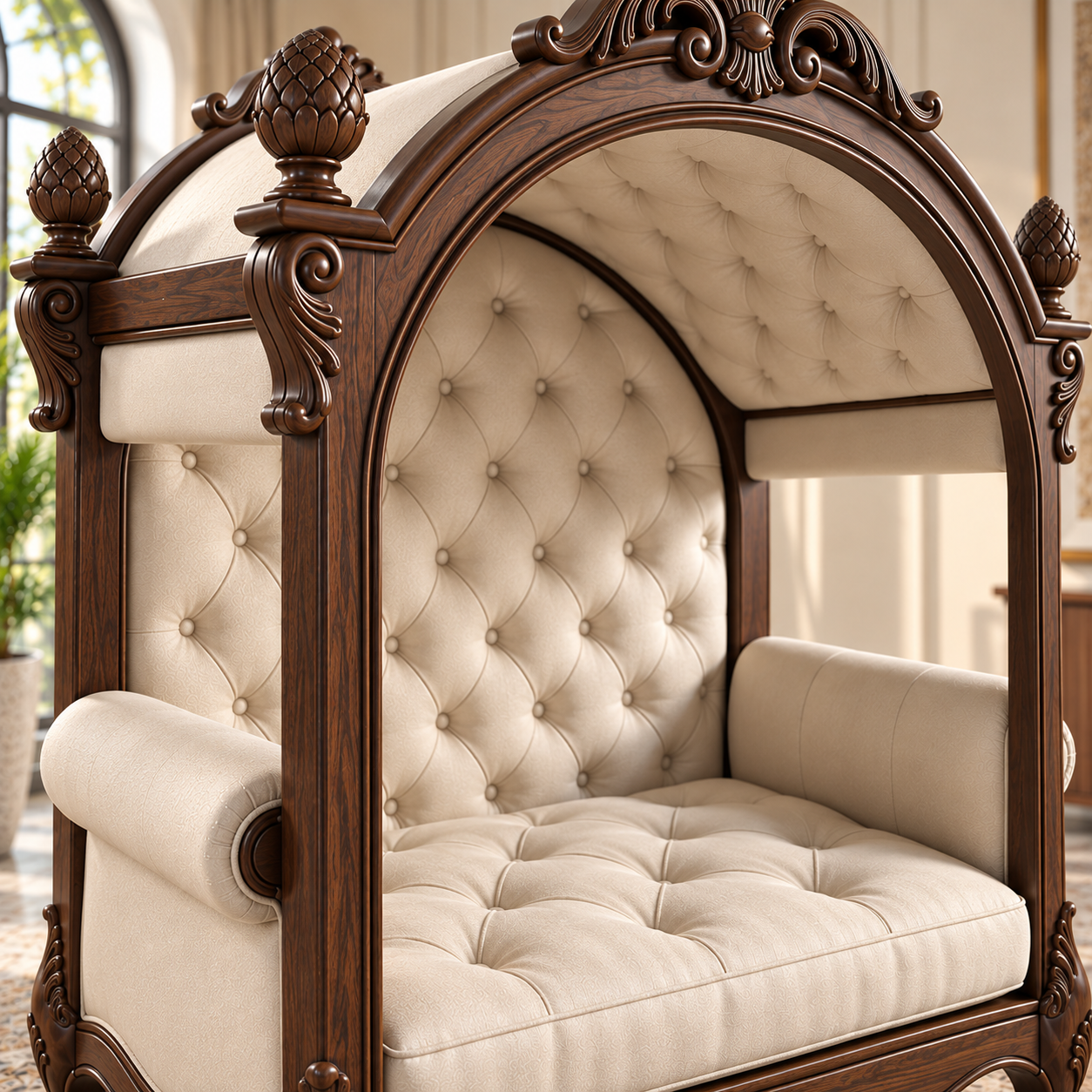 Luxury Wooden Canopy Swing Chair with Cream Upholstery