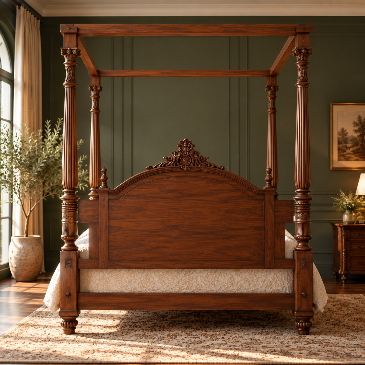Luxury Wooden Four Poster Canopy Bed with Carved Headboard, Dark Walnut Finish, Traditional King Size Bed Frame for Bedroom