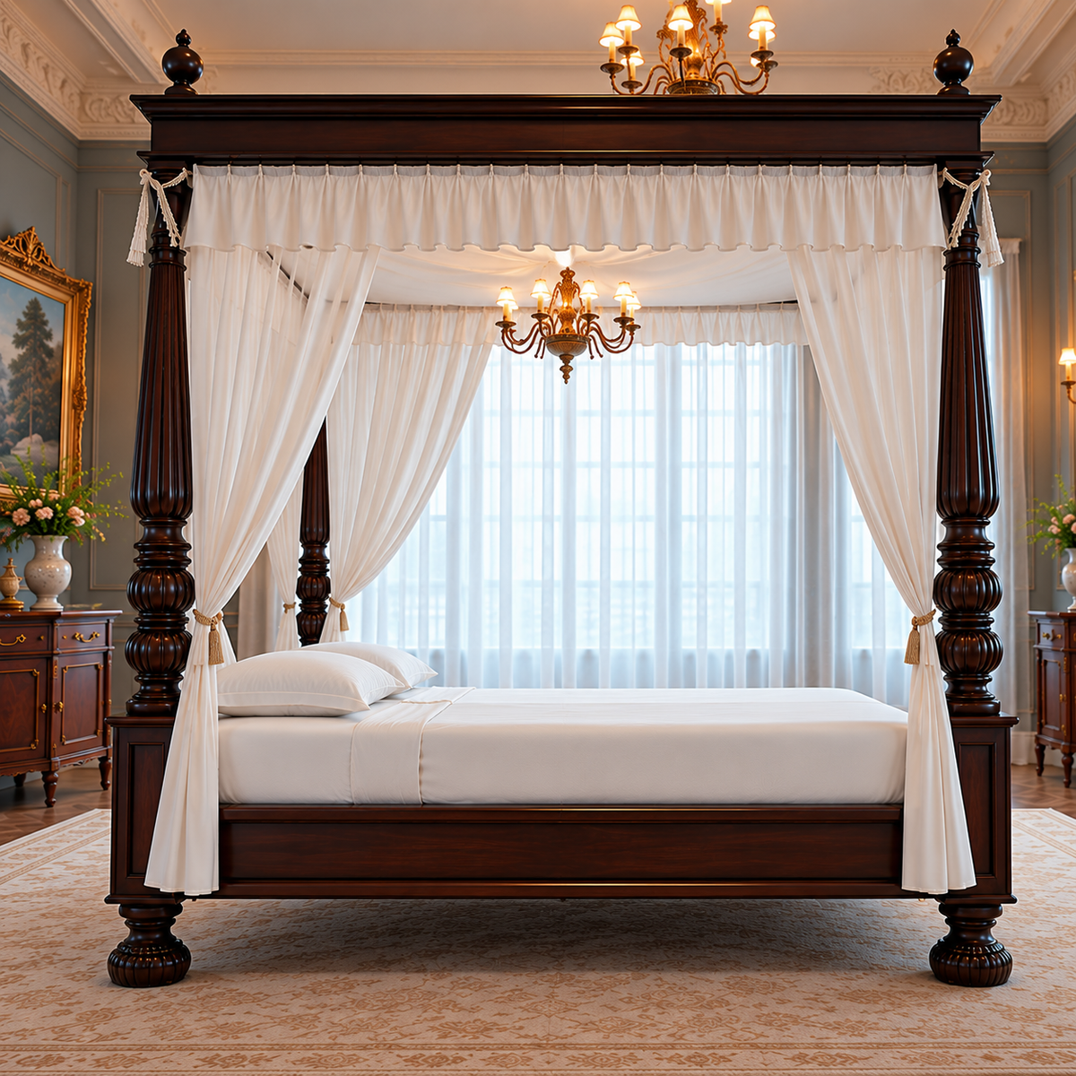 Luxury Wooden Four Poster Canopy Bed with Carved Posts and Elegant Curtain Frame for Bedroom
