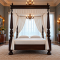 Luxury Wooden Four Poster Canopy Bed with Carved Posts and Elegant Curtain Frame for Bedroom