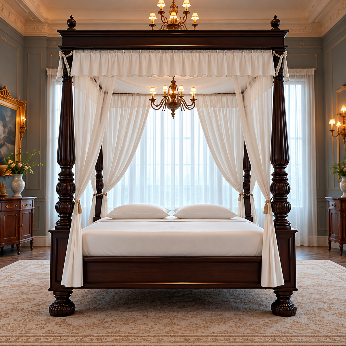 Luxury Wooden Four Poster Canopy Bed with Carved Posts and Elegant Curtain Frame for Bedroom