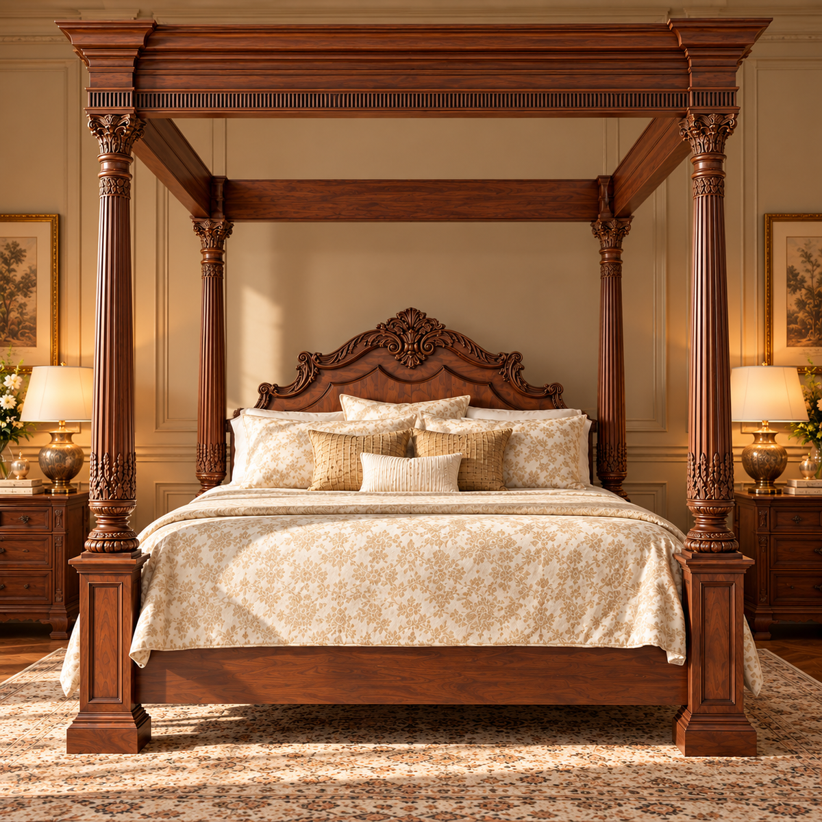 Luxury Wooden Four Poster Canopy Bed with Ornate Carved Headboard, Dark Walnut Finish, Traditional King Size Bed Frame