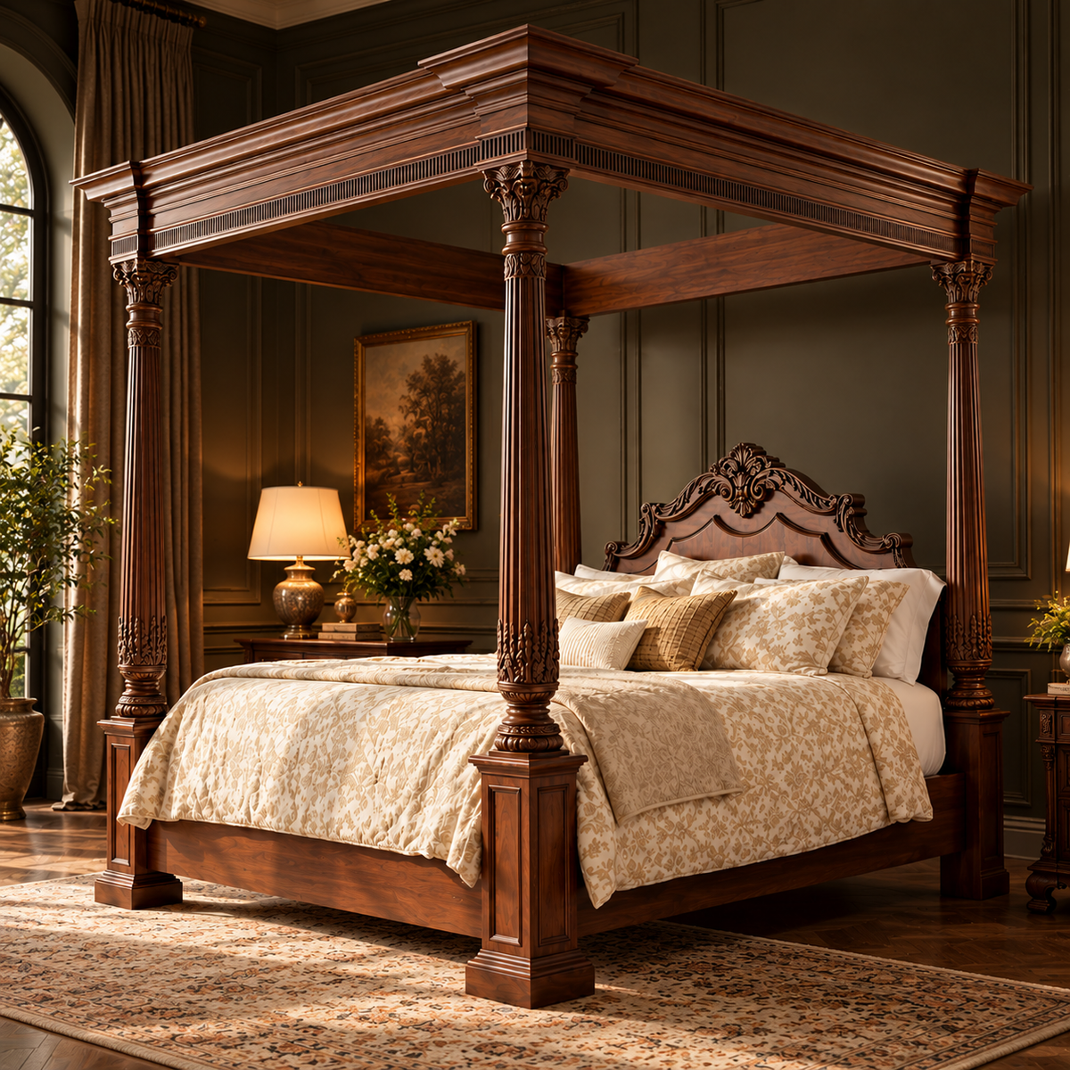 Luxury Wooden Four Poster Canopy Bed with Ornate Carved Headboard, Dark Walnut Finish, Traditional King Size Bed Frame