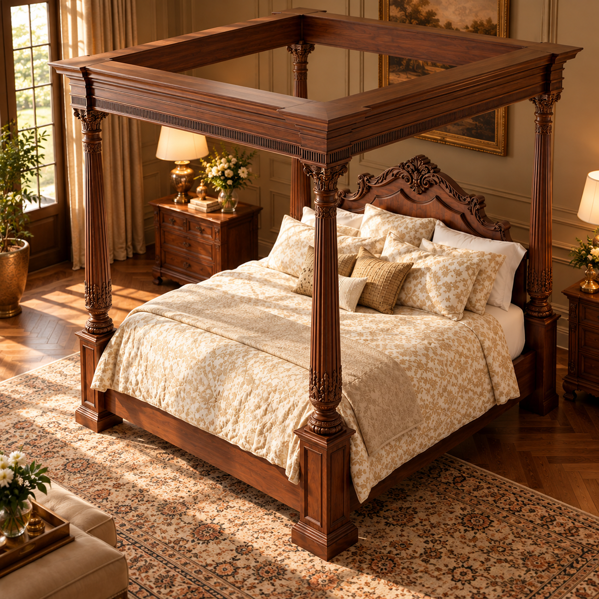 Luxury Wooden Four Poster Canopy Bed with Ornate Carved Headboard, Dark Walnut Finish, Traditional King Size Bed Frame
