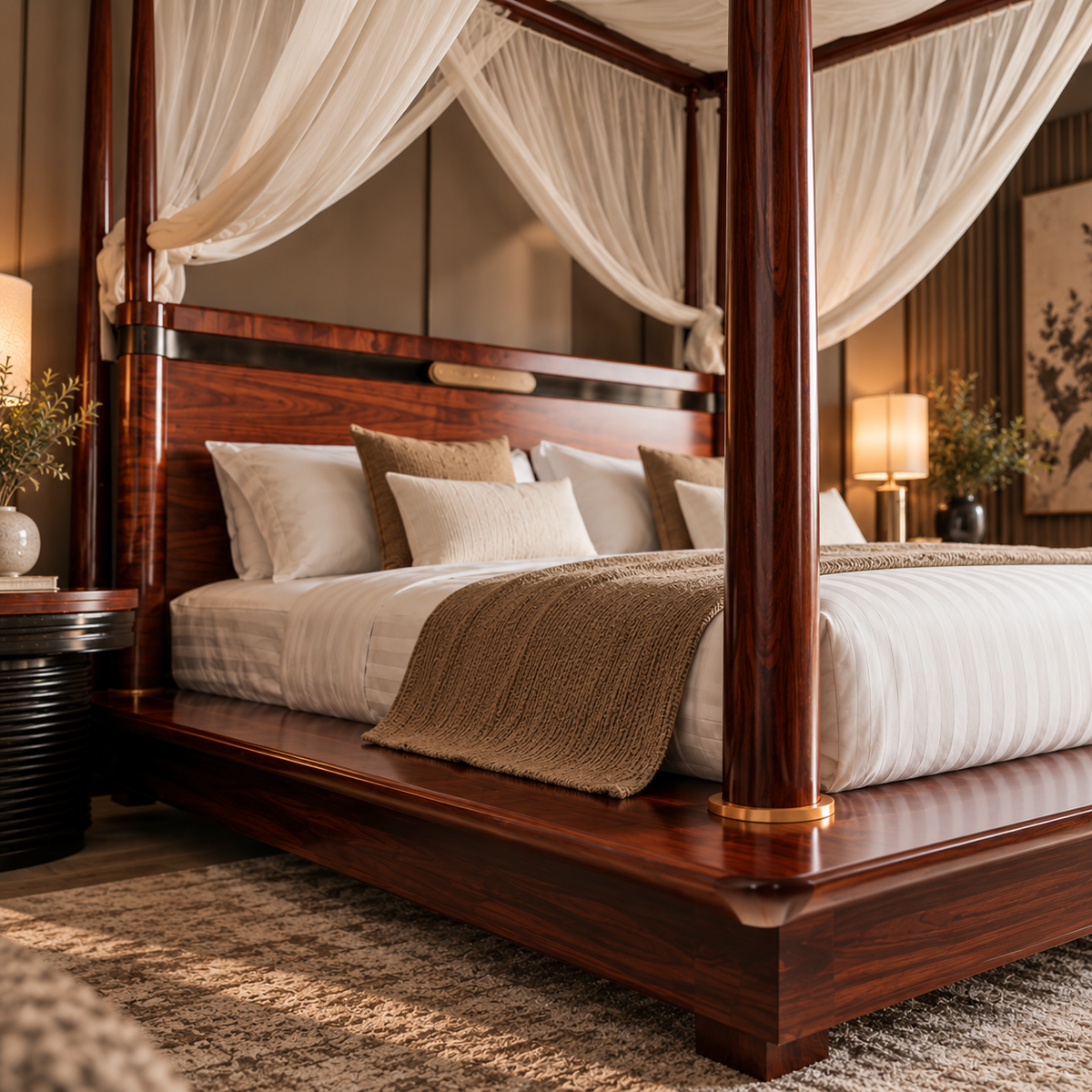 Luxury Wooden Four Poster Canopy Bed with Sheer Curtains, Premium Dark Walnut Finish, Elegant King Size Bed for Bedroom