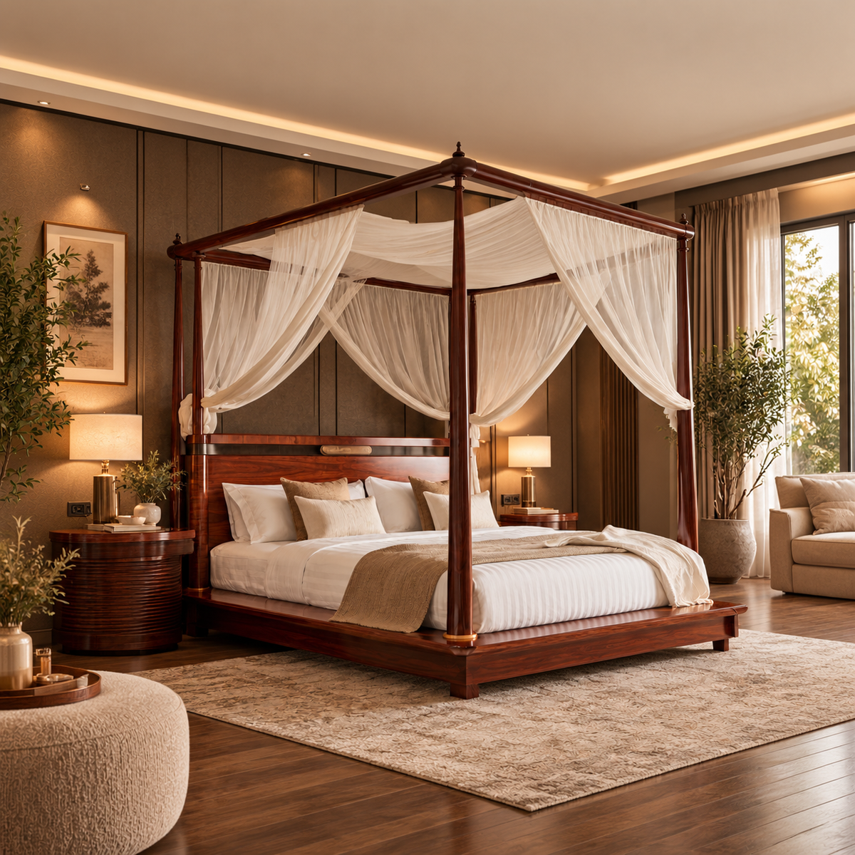 Luxury Wooden Four Poster Canopy Bed with Sheer Curtains, Premium Dark Walnut Finish, Elegant King Size Bed for Bedroom
