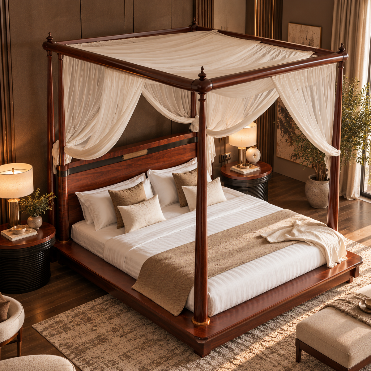 Luxury Wooden Four Poster Canopy Bed with Sheer Curtains, Premium Dark Walnut Finish, Elegant King Size Bed for Bedroom