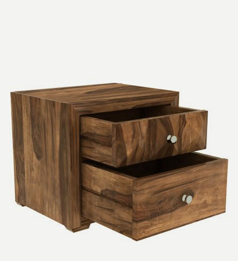 Sheesham Wood Bedside Table In Rustic Teak Finish With Drawers - Ouch Cart 