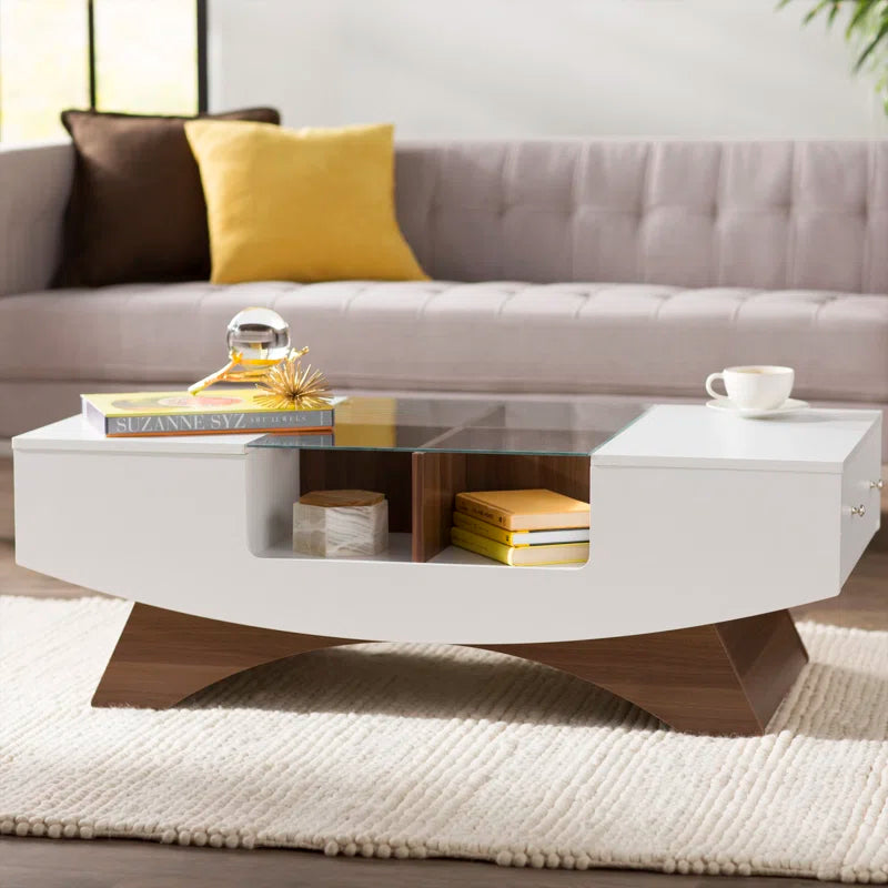 Ultramodern Curved Base Coffee Table with Glass Top and Storage