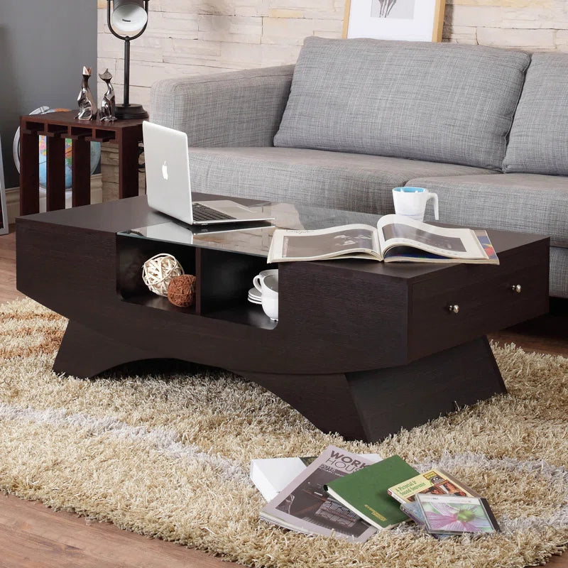 Ultramodern Curved Base Coffee Table with Glass Top and Storage