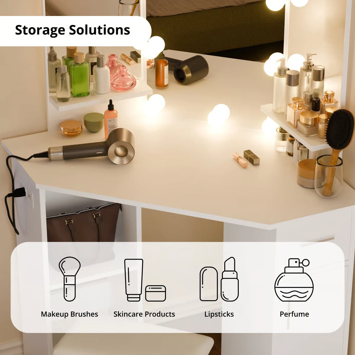 Makarama Corner Makeup Vanity with LED Lights & Charging Station Including Mirror & Stool