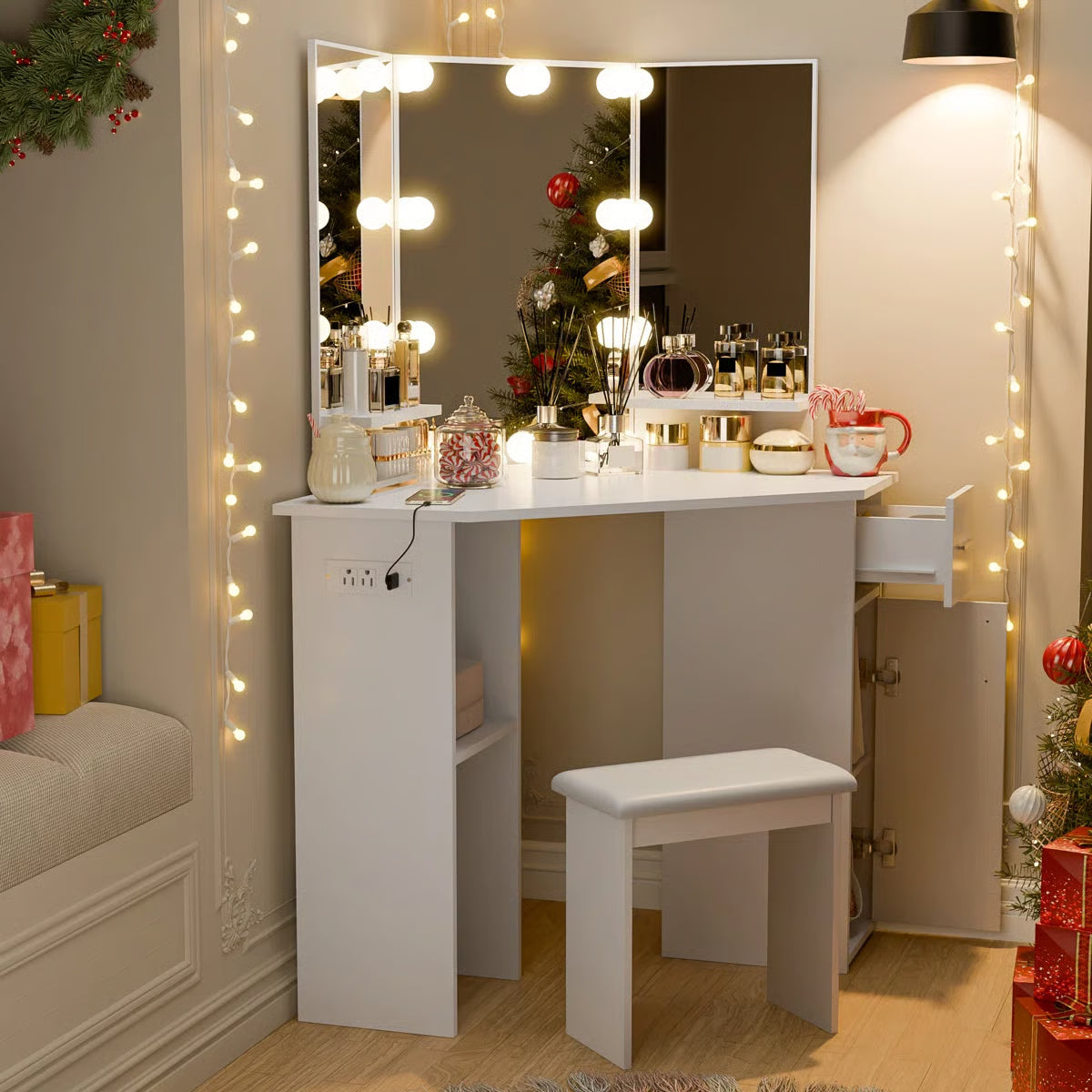 Makarama Corner Makeup Vanity with LED Lights & Charging Station Including Mirror & Stool
