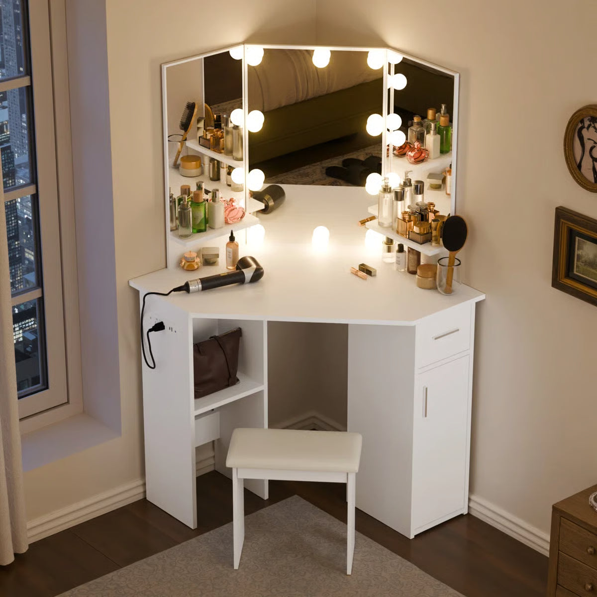 Makarama Corner Makeup Vanity with LED Lights & Charging Station Including Mirror & Stool