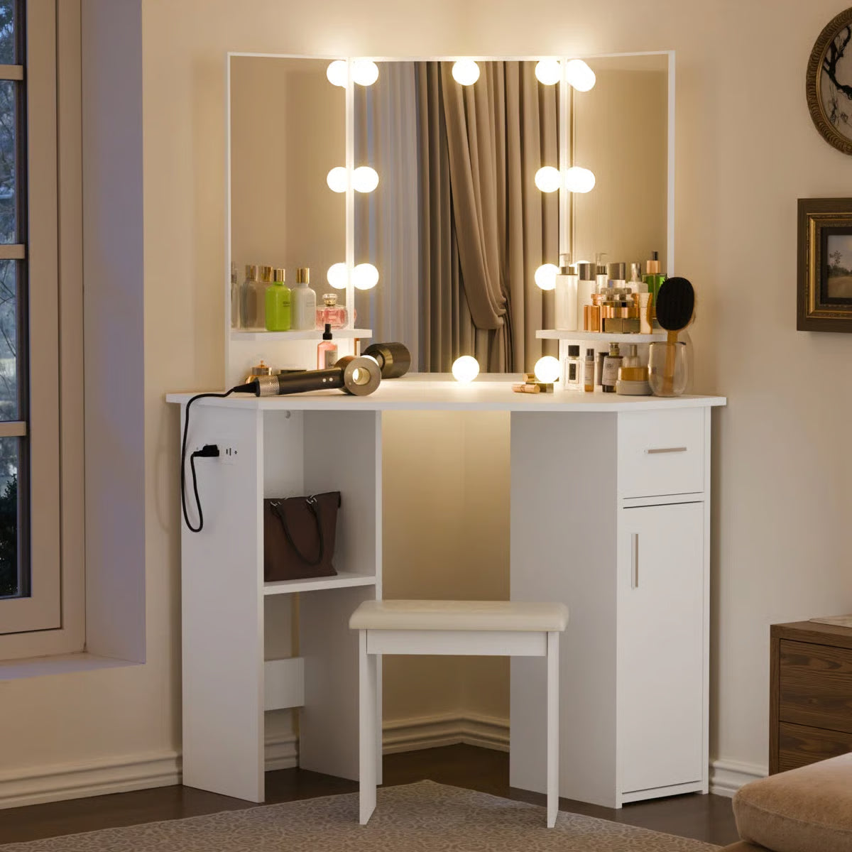 Makarama Corner Makeup Vanity with LED Lights & Charging Station Including Mirror & Stool