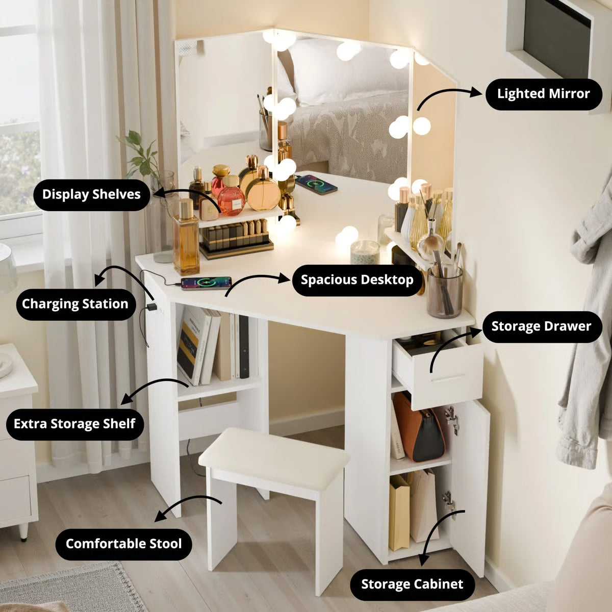 Makarama Corner Makeup Vanity with LED Lights & Charging Station Including Mirror & Stool