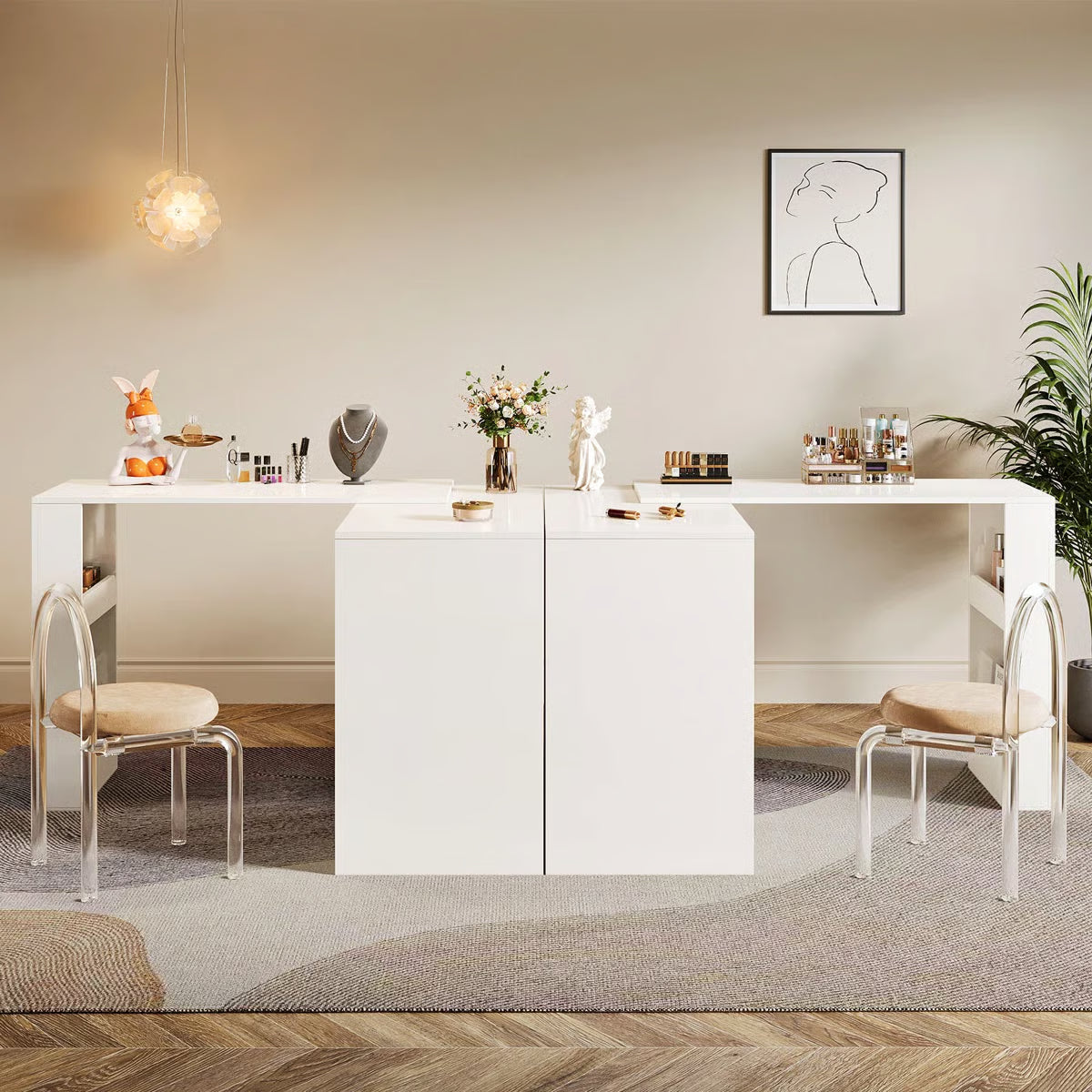 White Makeup Vanity Desk – Modern Dressing Table with Reversible Storage Drawers (Without Mirror)