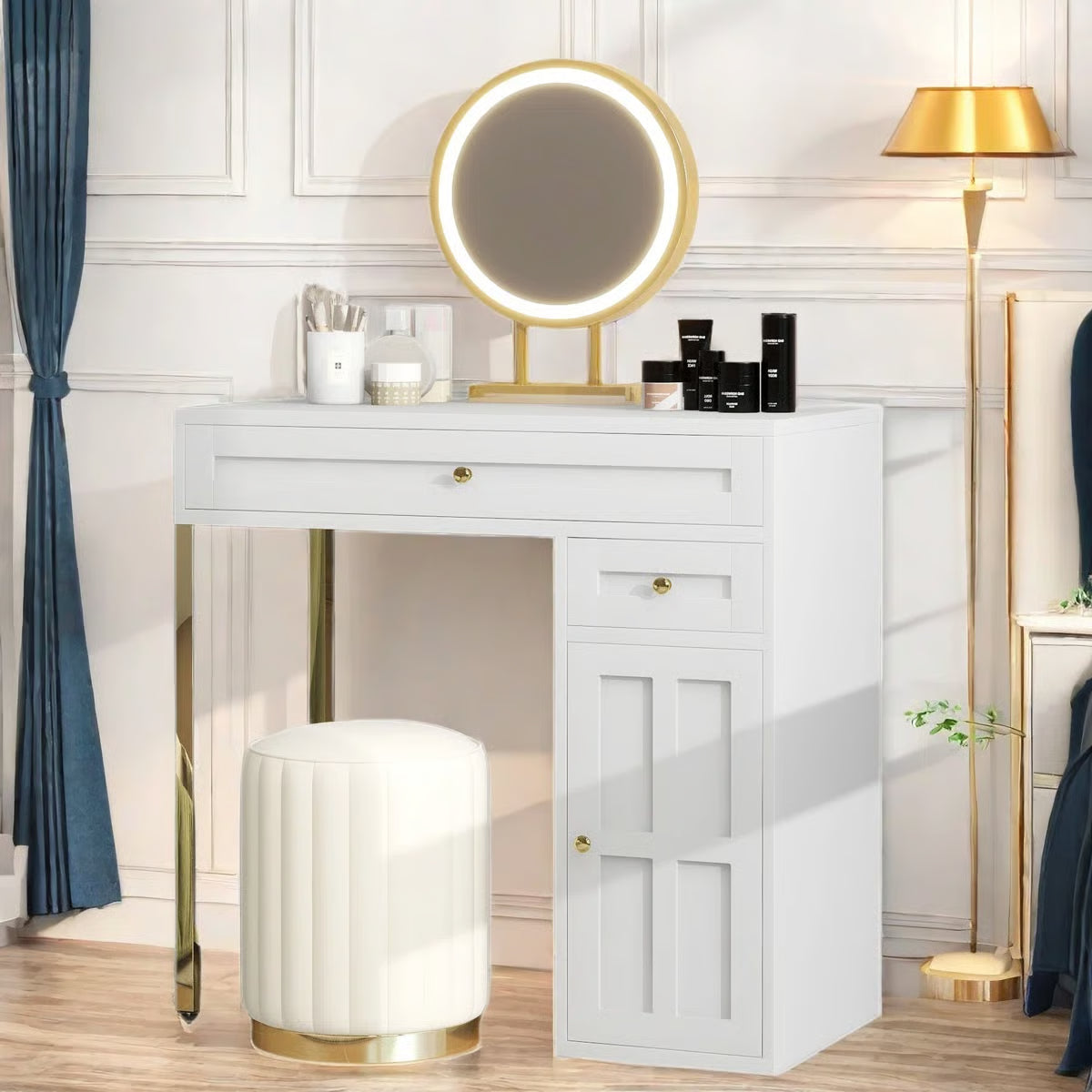 Makeup Vanity Desk with LED Lighted Mirror – 2 Drawers, 1 Cabinet & Gold Legs
