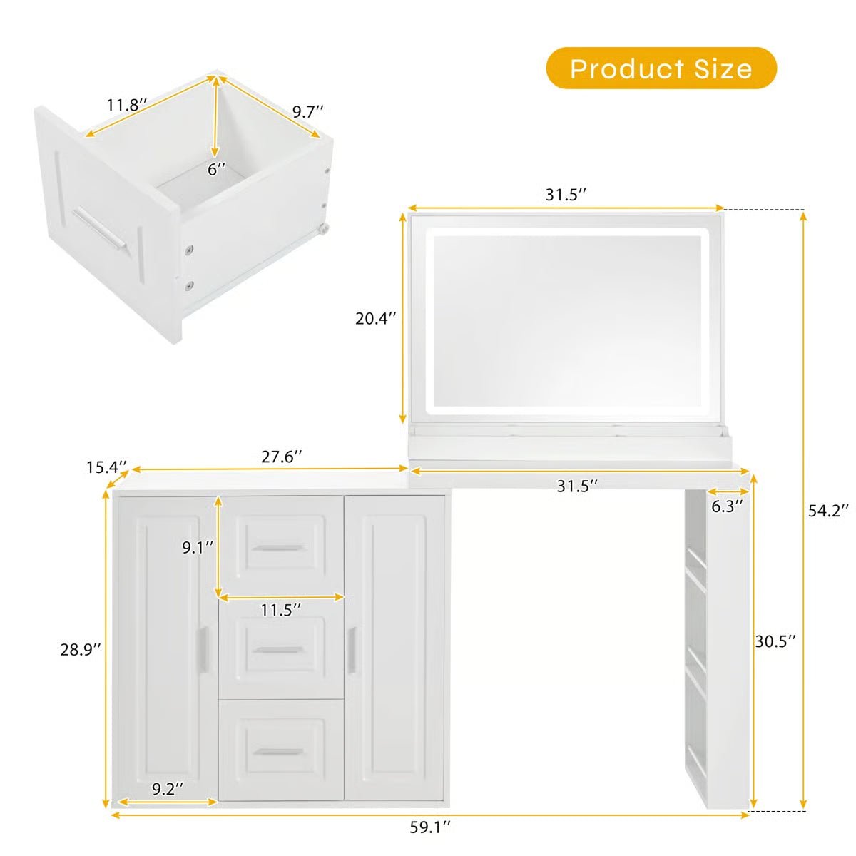 Dressing Table with Mirror & Lights – Makeup Vanity Desk with 3 Drawers & 2 Cabinets-OUCH CART |Dressing table