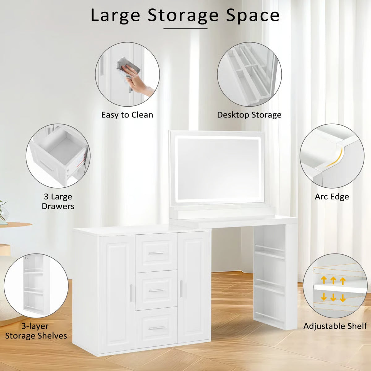 Dressing Table with Mirror & Lights – Makeup Vanity Desk with 3 Drawers & 2 Cabinets-OUCH CART |Dressing table