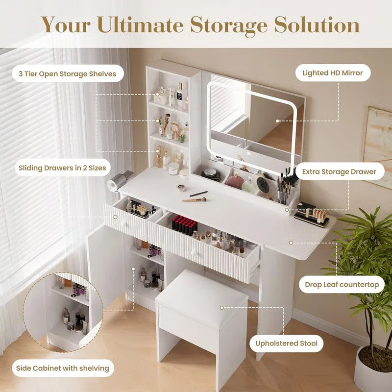 Makeup Vanity Desk w/ LED Lights & Power Outlets - 2 Drawers, Cabinet & Stool - Dressing Table with Charging Station