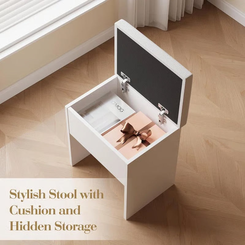 Makeup Vanity Desk w/ LED Lights & Power Outlets - 2 Drawers, Cabinet & Stool - Dressing Table with Charging Station