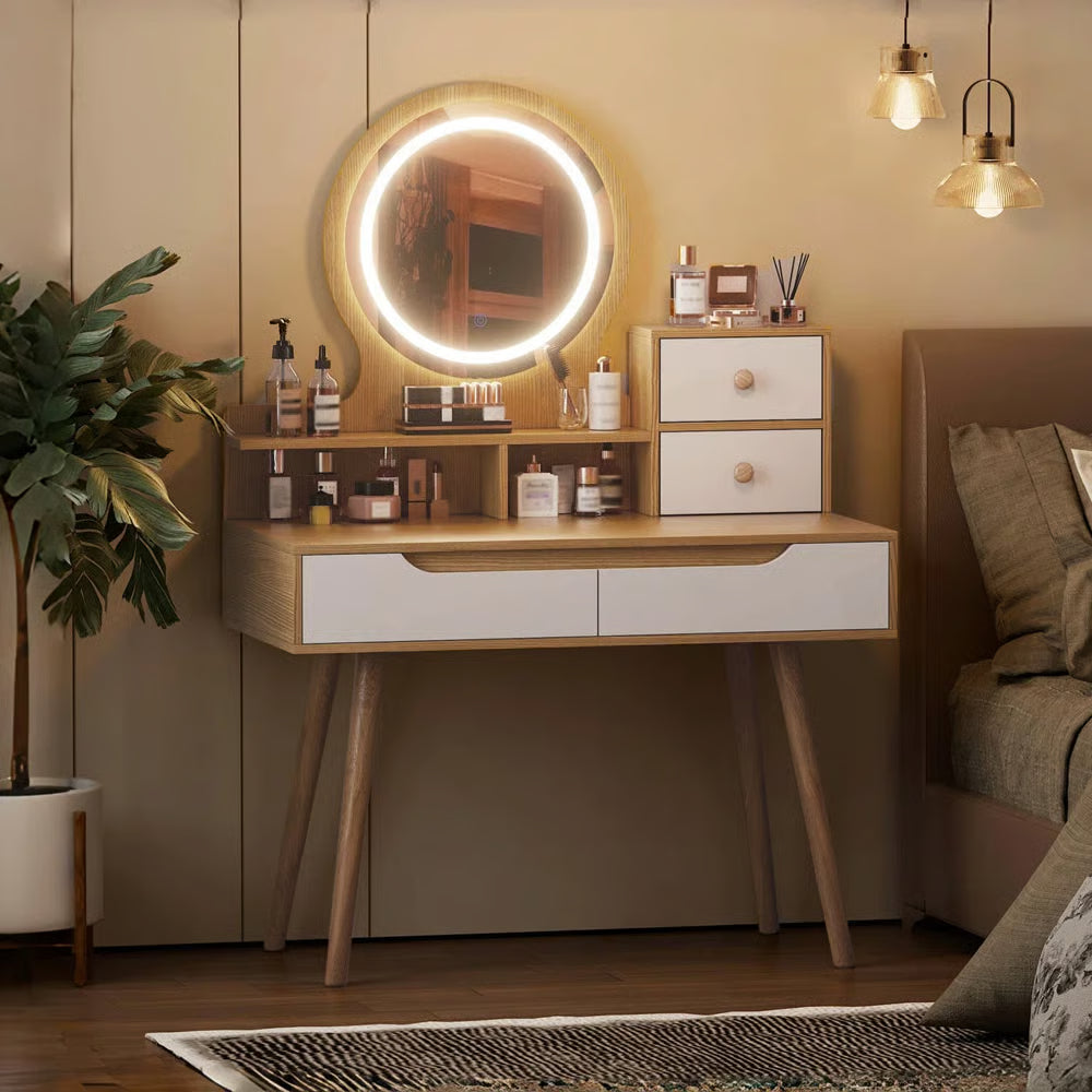 Makeup Vanity Desk with 3 Adjustable LED Mirrors, 4 Drawers & 3 Shelves-OUCH CART |Dressing table
