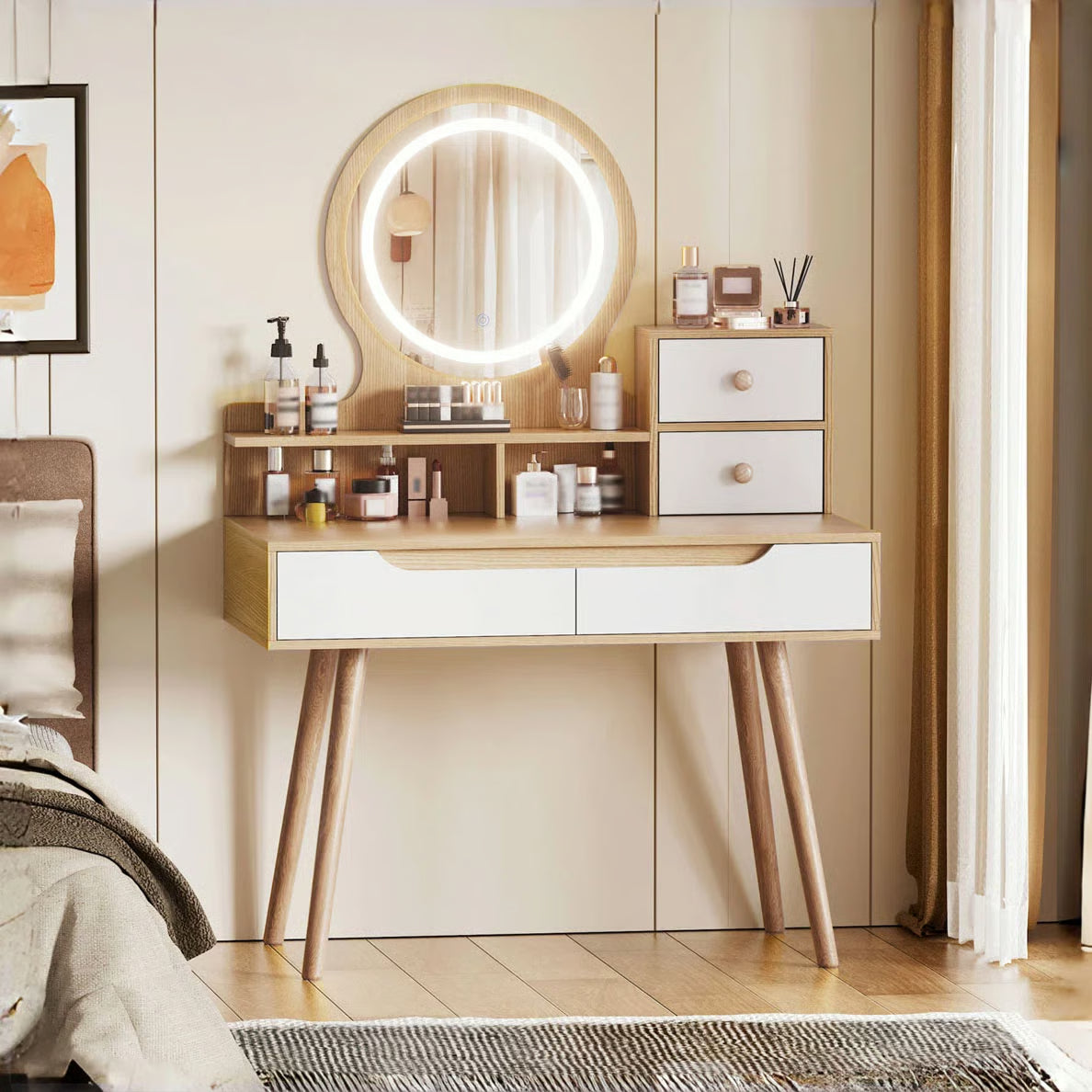 Makeup Vanity Desk with 3 Adjustable LED Mirrors, 4 Drawers & 3 Shelves-OUCH CART |Dressing table
