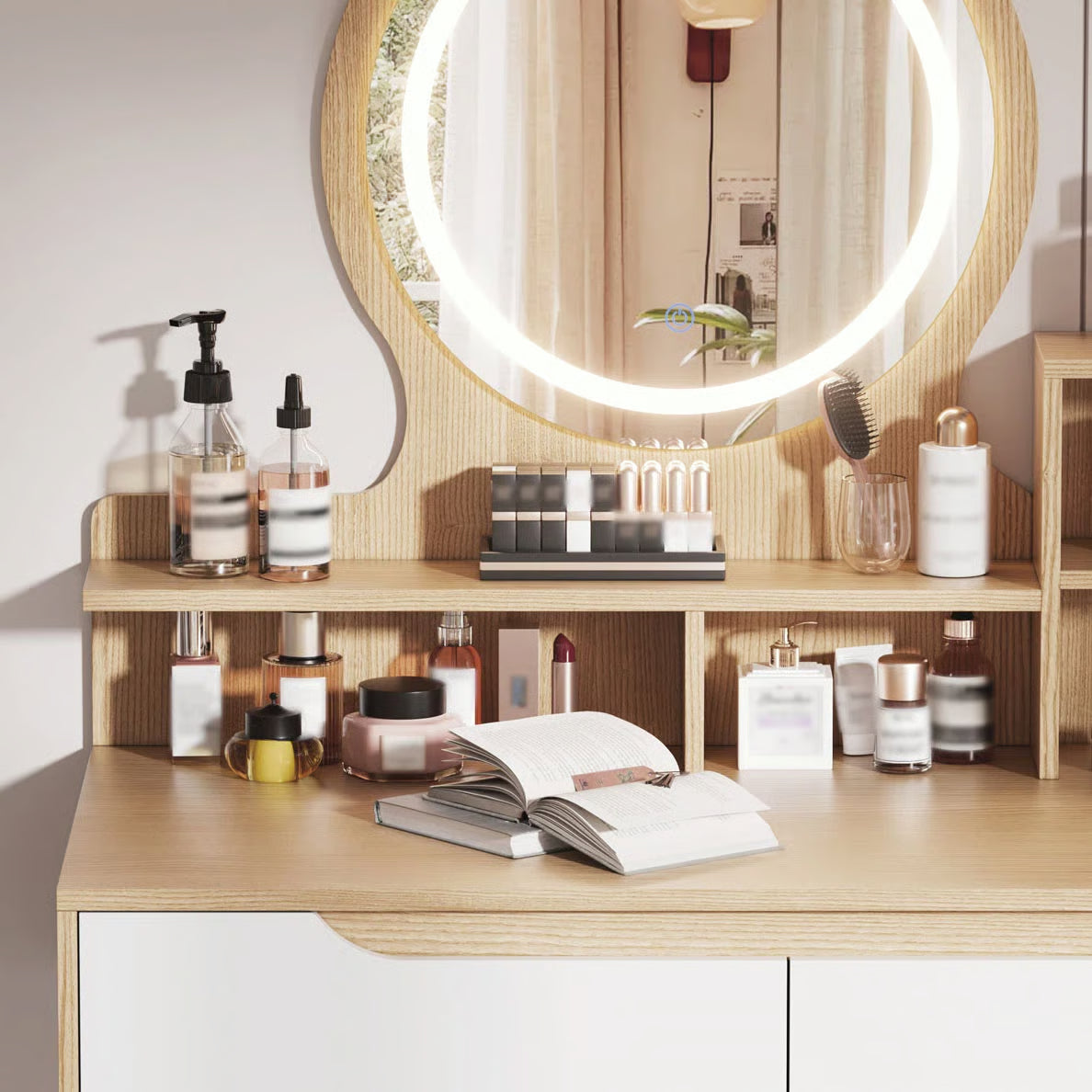 Makeup Vanity Desk with 3 Adjustable LED Mirrors, 4 Drawers & 3 Shelves