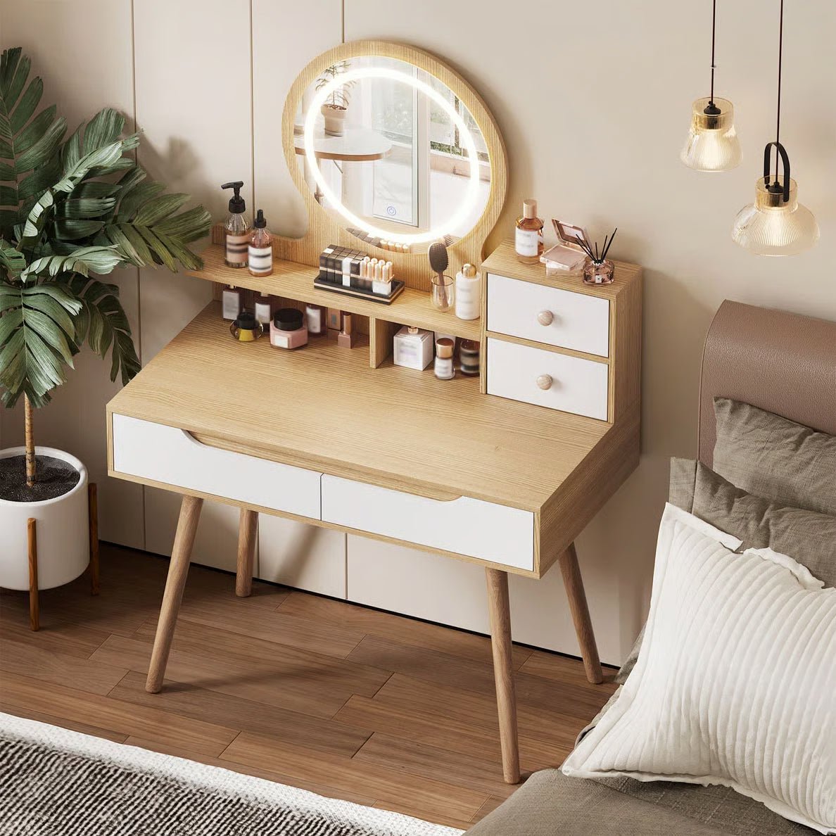Makeup Vanity Desk with 3 Adjustable LED Mirrors, 4 Drawers & 3 Shelves-OUCH CART |Dressing table

