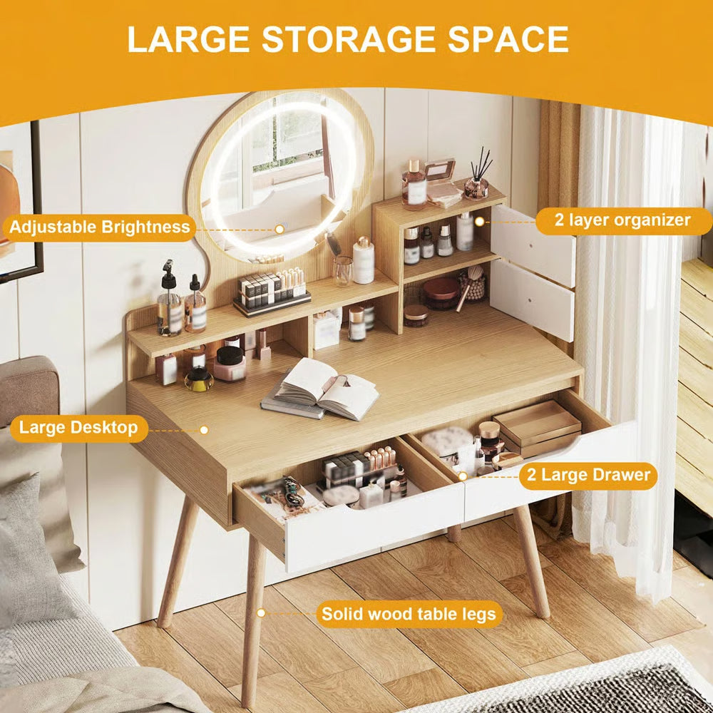 Makeup Vanity Desk with 3 Adjustable LED Mirrors, 4 Drawers & 3 Shelves