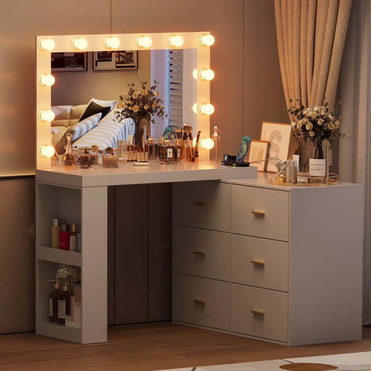Makeup Vanity Desk with Mirror and 3-Color Lights,6 Drawers Vanity Table with Charging Station