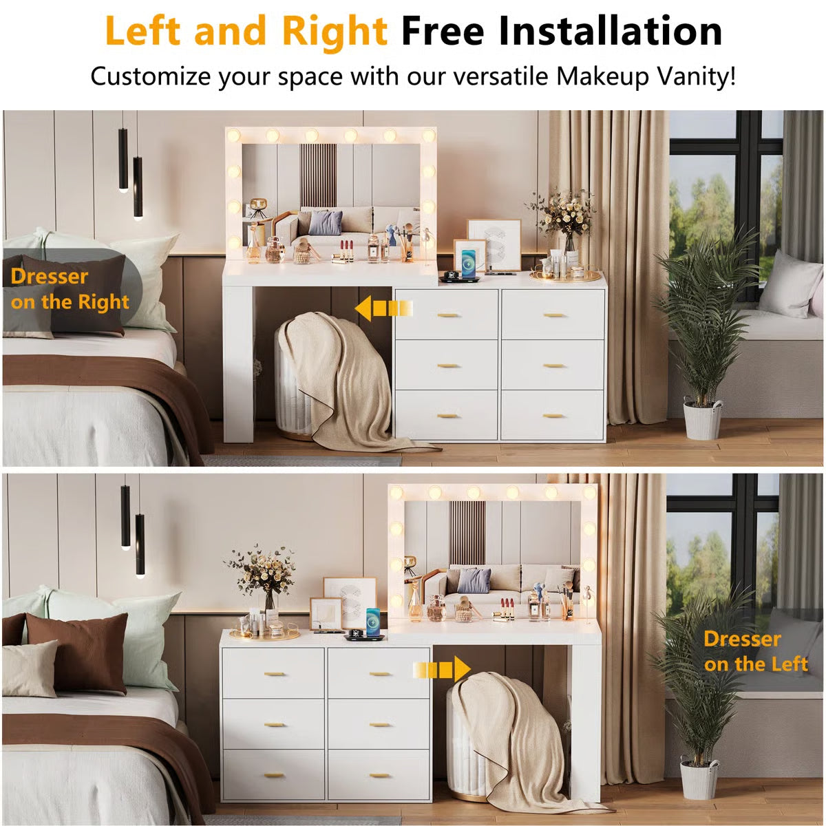 Makeup Vanity Desk with Mirror and 3-Color Lights,6 Drawers Vanity Table with Charging Station