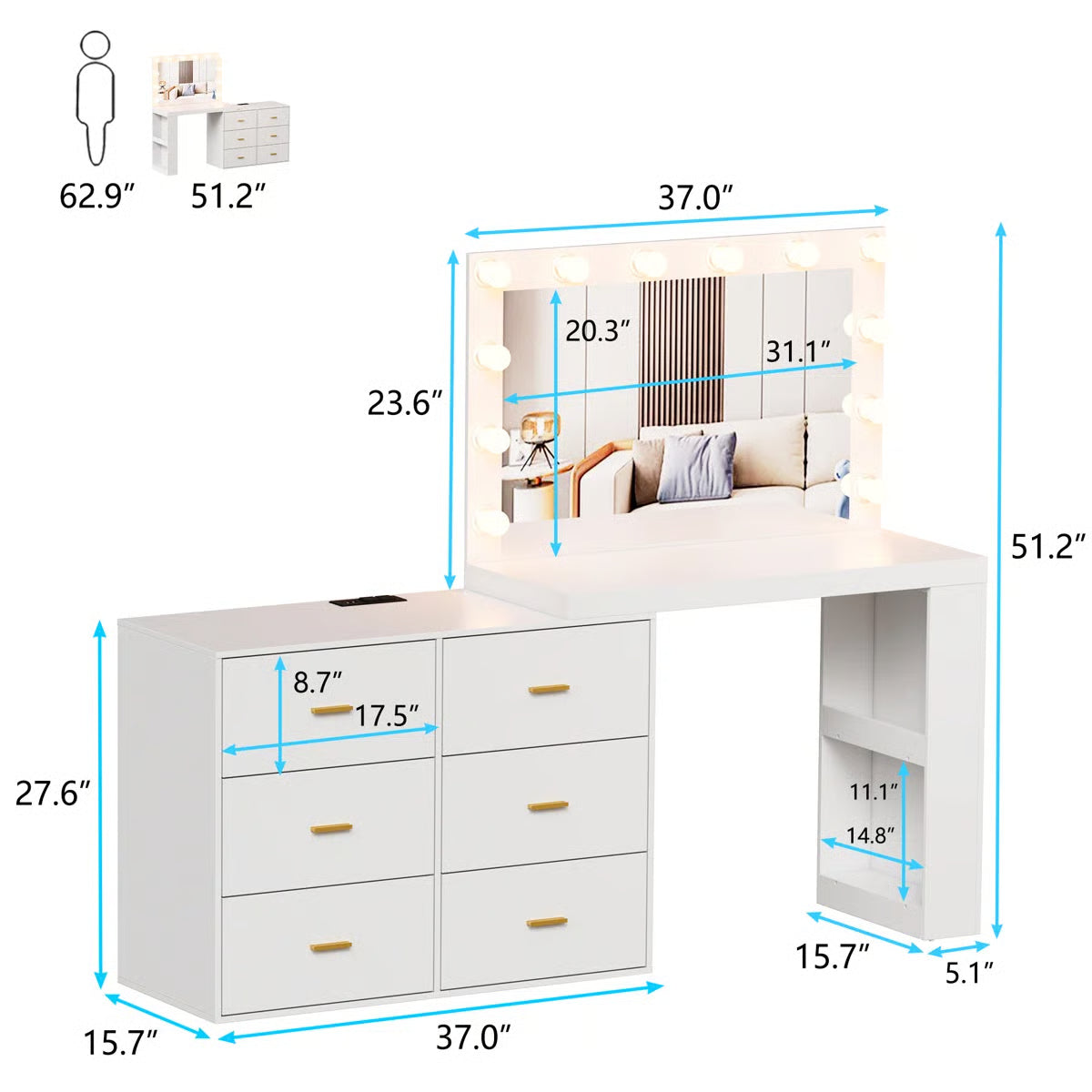 Makeup Vanity Desk with Mirror and 3-Color Lights,6 Drawers Vanity Table with Charging Station