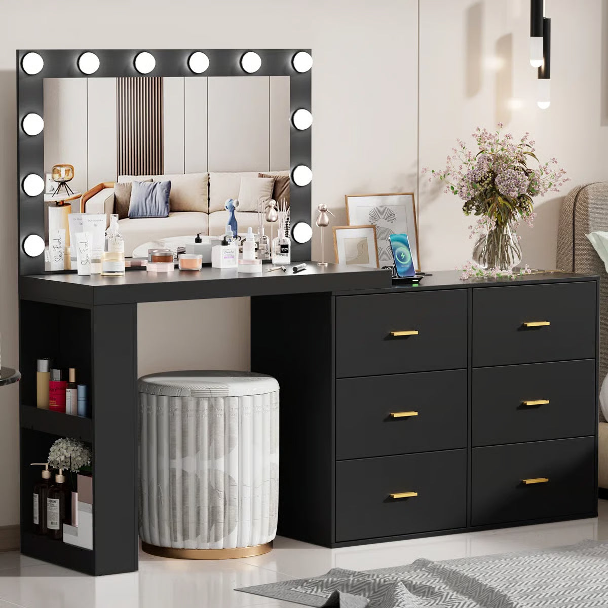 Makeup Vanity Desk with Mirror and 3-Color Lights,6 Drawers Vanity Table with Charging Station