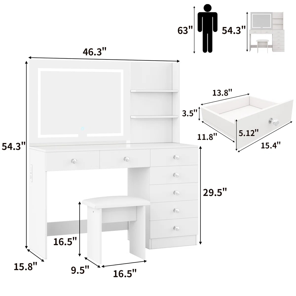 7-Drawer Makeup Vanity Table with LED Lighting and Built-In Charging Station-OUCH CART |Dressing table
