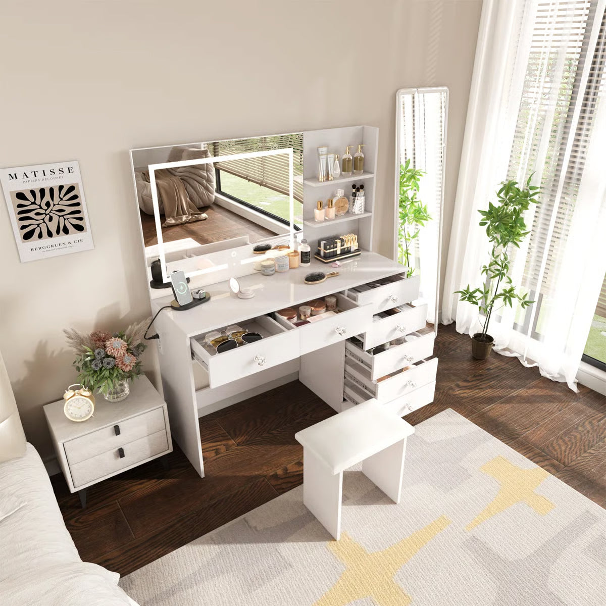 7-Drawer Makeup Vanity Table with LED Lighting and Built-In Charging Station-OUCH CART |Dressing table