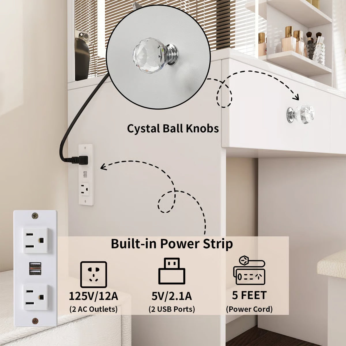 7-Drawer Makeup Vanity Table with LED Lighting and Built-In Charging Station