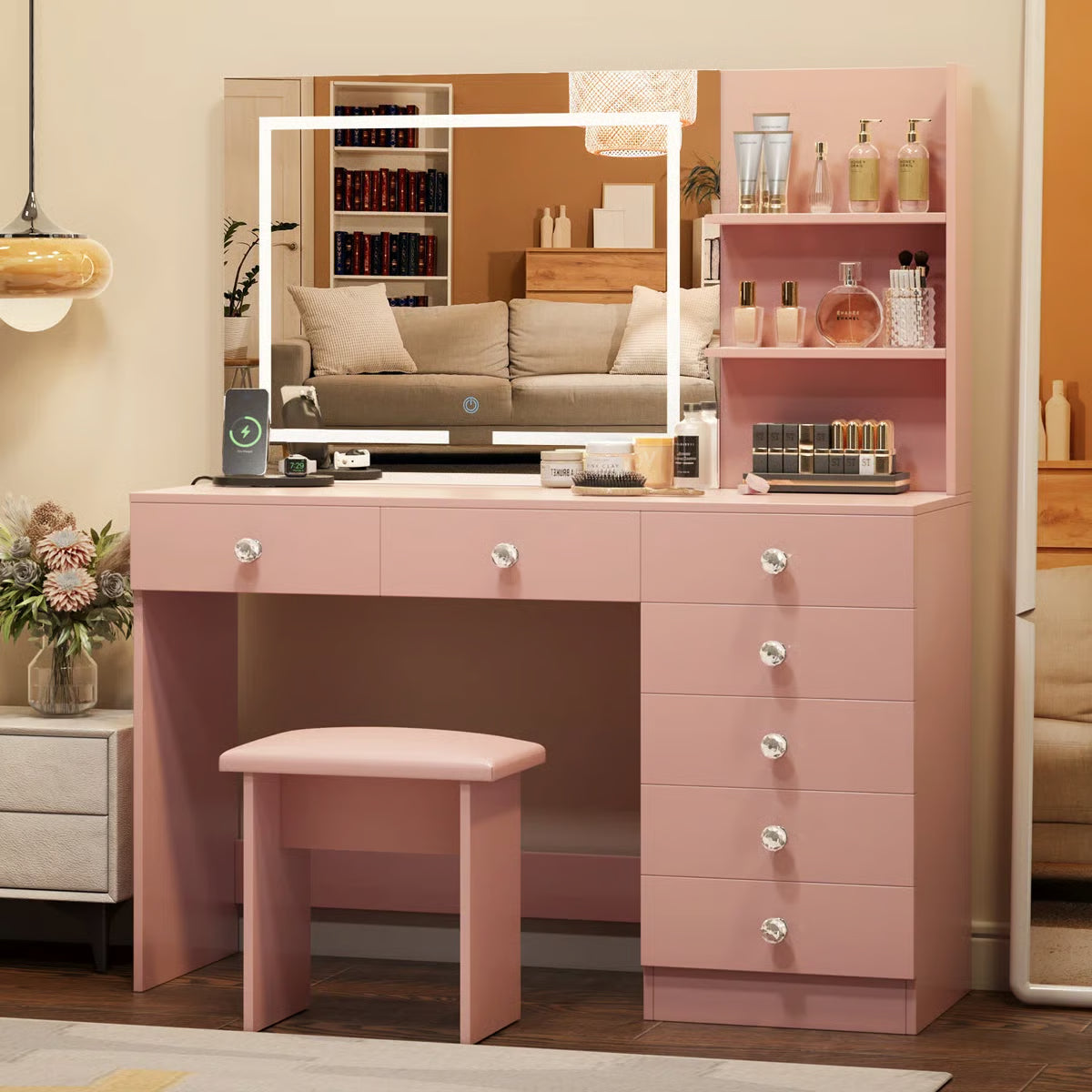 7-Drawer Makeup Vanity Table with LED Lighting and Built-In Charging Station-OUCH CART |Dressing table