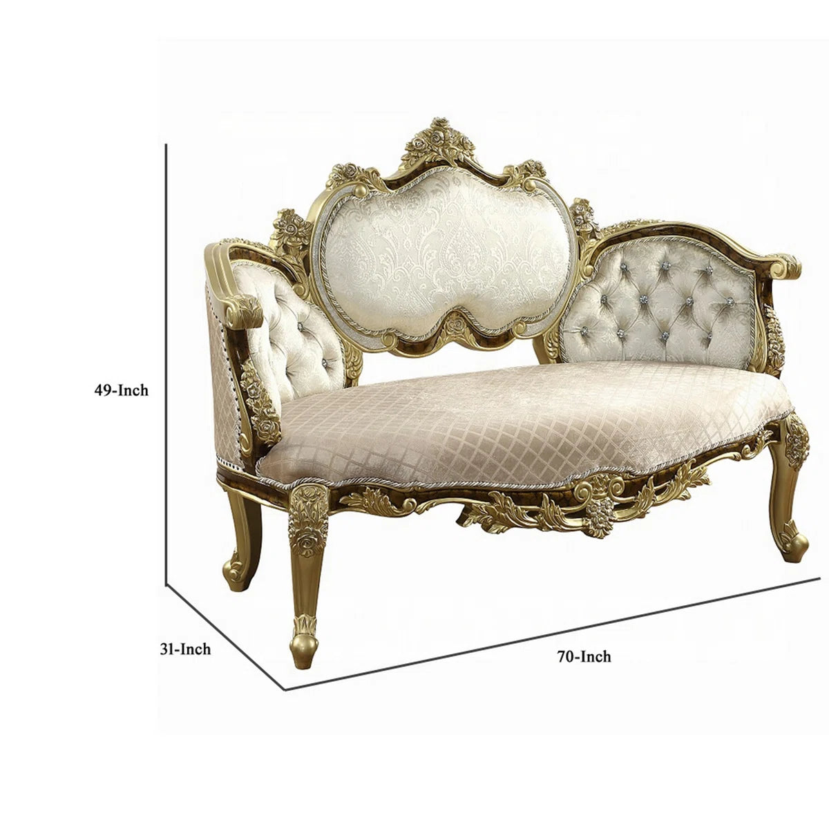 Mara Curved Bench Sofa, Wingback Crystal Tufted, Classic Gold Carvings