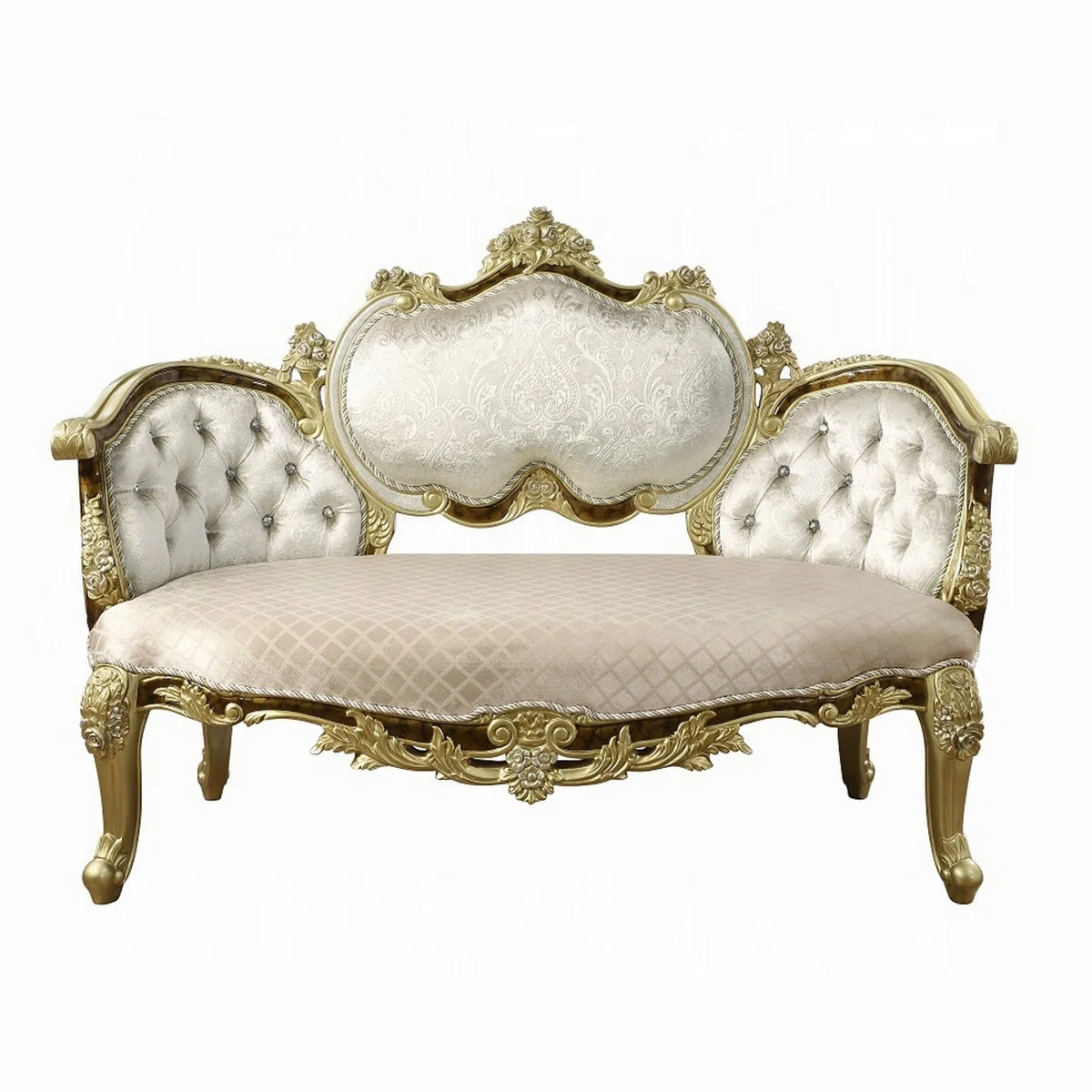 Mara Curved Bench Sofa, Wingback Crystal Tufted, Classic Gold Carvings- OUCHCART| Luxury sofa