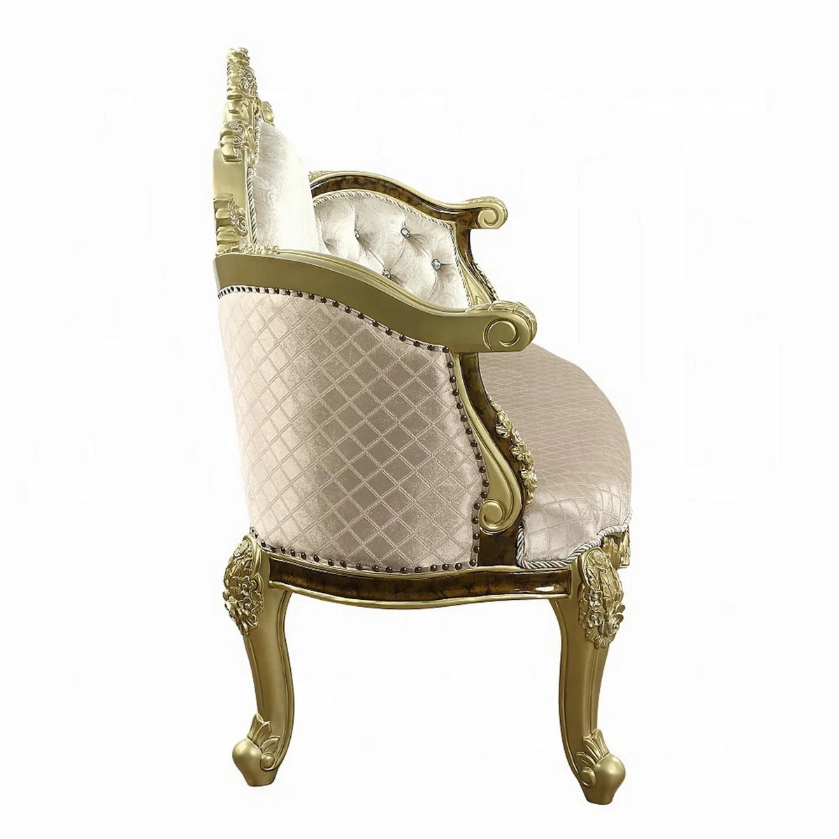 Mara Curved Bench Sofa, Wingback Crystal Tufted, Classic Gold Carvings