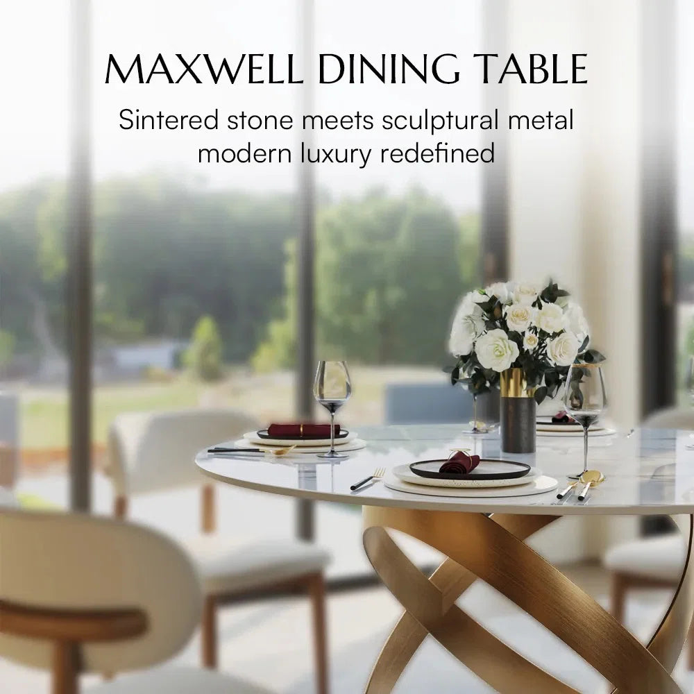 Maxwell Modern Dining Room Sets, Pre-Assembly Round Dining Table Sets, Sintered Stone Tabletop Kitchen Dining Table Set With Upholstered Chairs- OUCH CART 